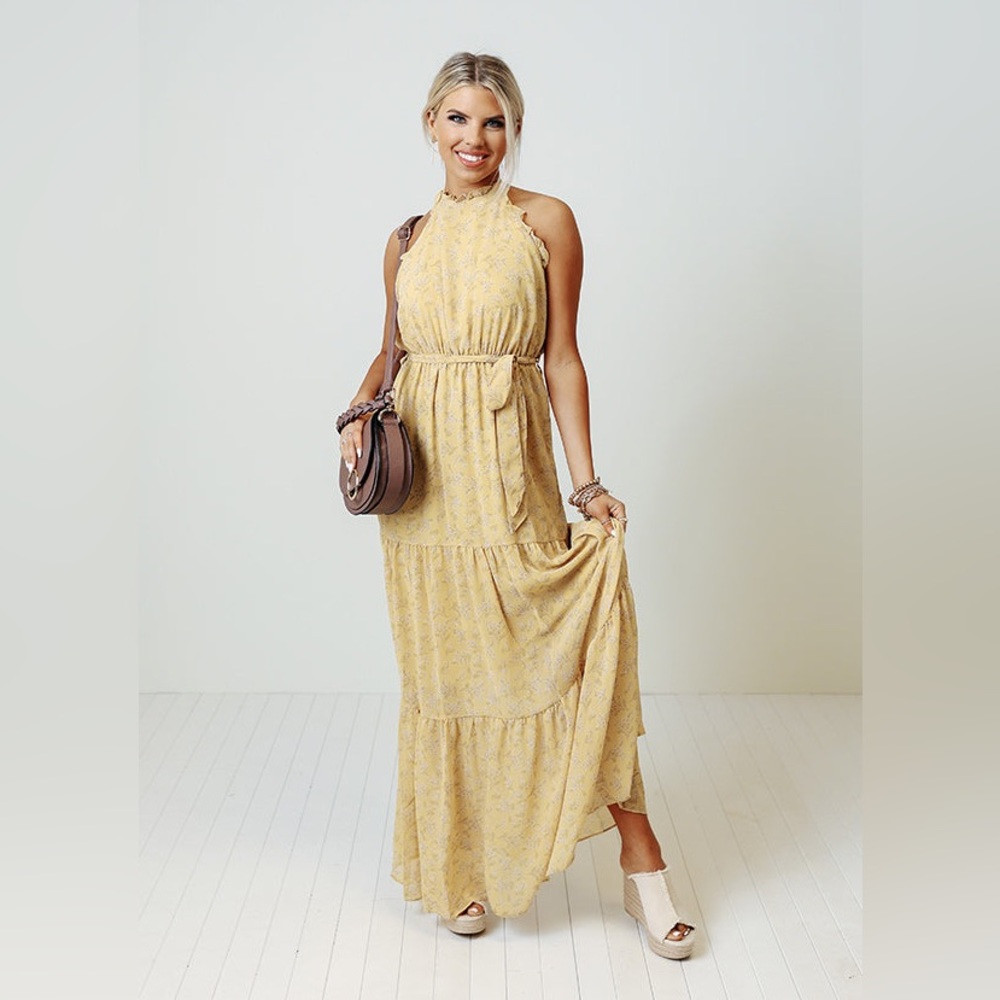 leela & lavender yellow floral halter maxi dress
